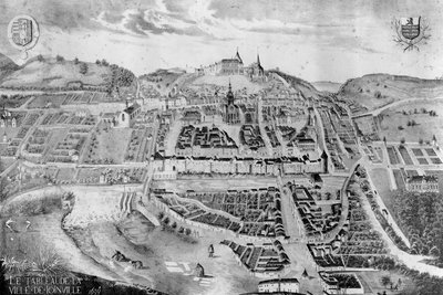 Ansicht des Schlosses und der Stadt Joinville, aus einem Gemälde von 1639 von French School